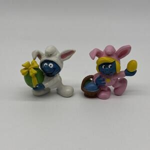 Easter Smurfs Bunny Smurf 20496 & Smurfette Figure w/Egg 20497 VINTAGE 1980s Set